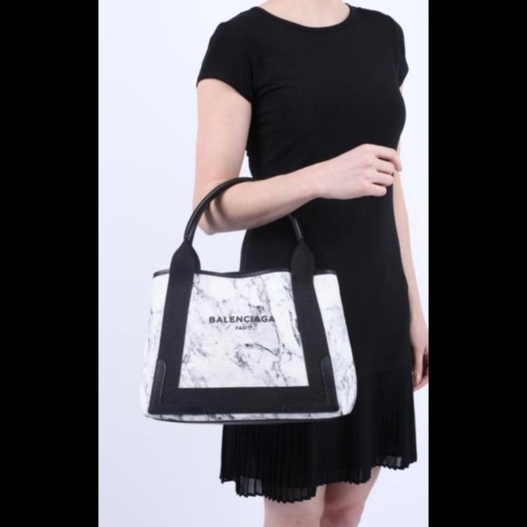 BALENCIAGA Navy Cabas Small Black White Marble Print Tote Bag with Zip Pouch - Picture 3 of 10